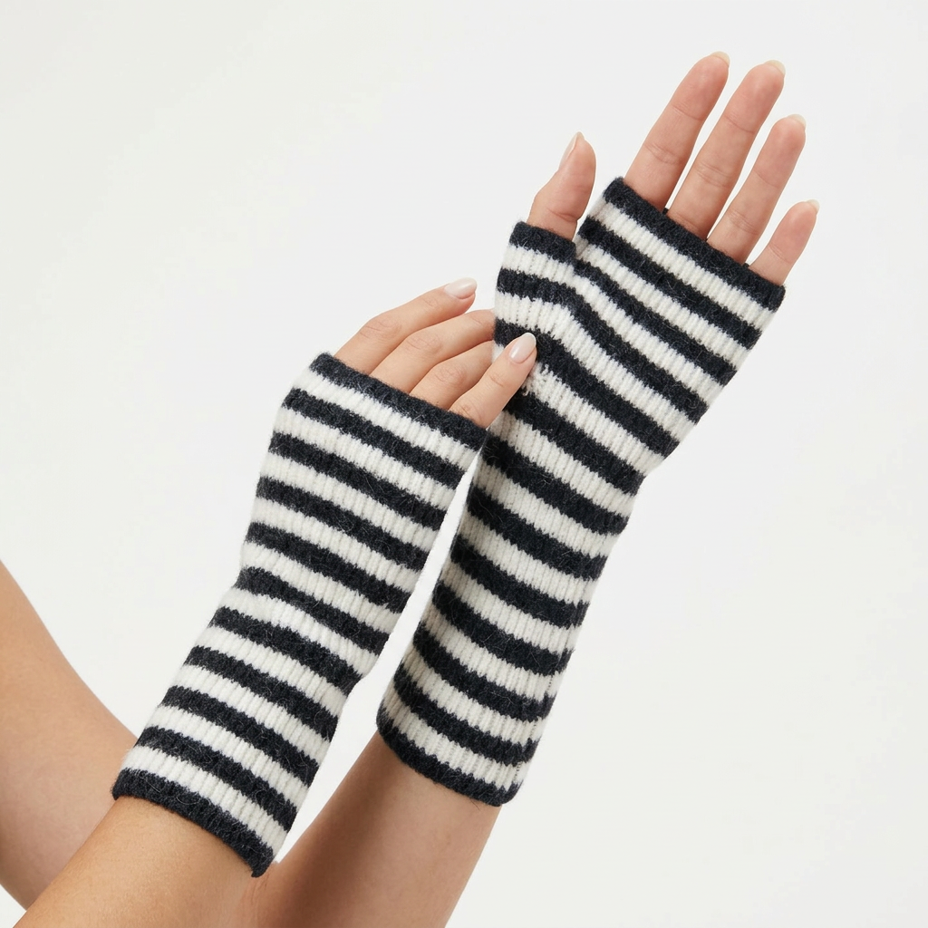 Long Striped Wrist Warmers Black/White