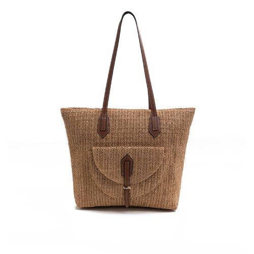 Woven Shoulder Bag With Front Pocket - Natural