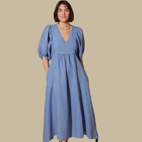 Livie Puff Sleeve Linen Dress - Cornflower Blue