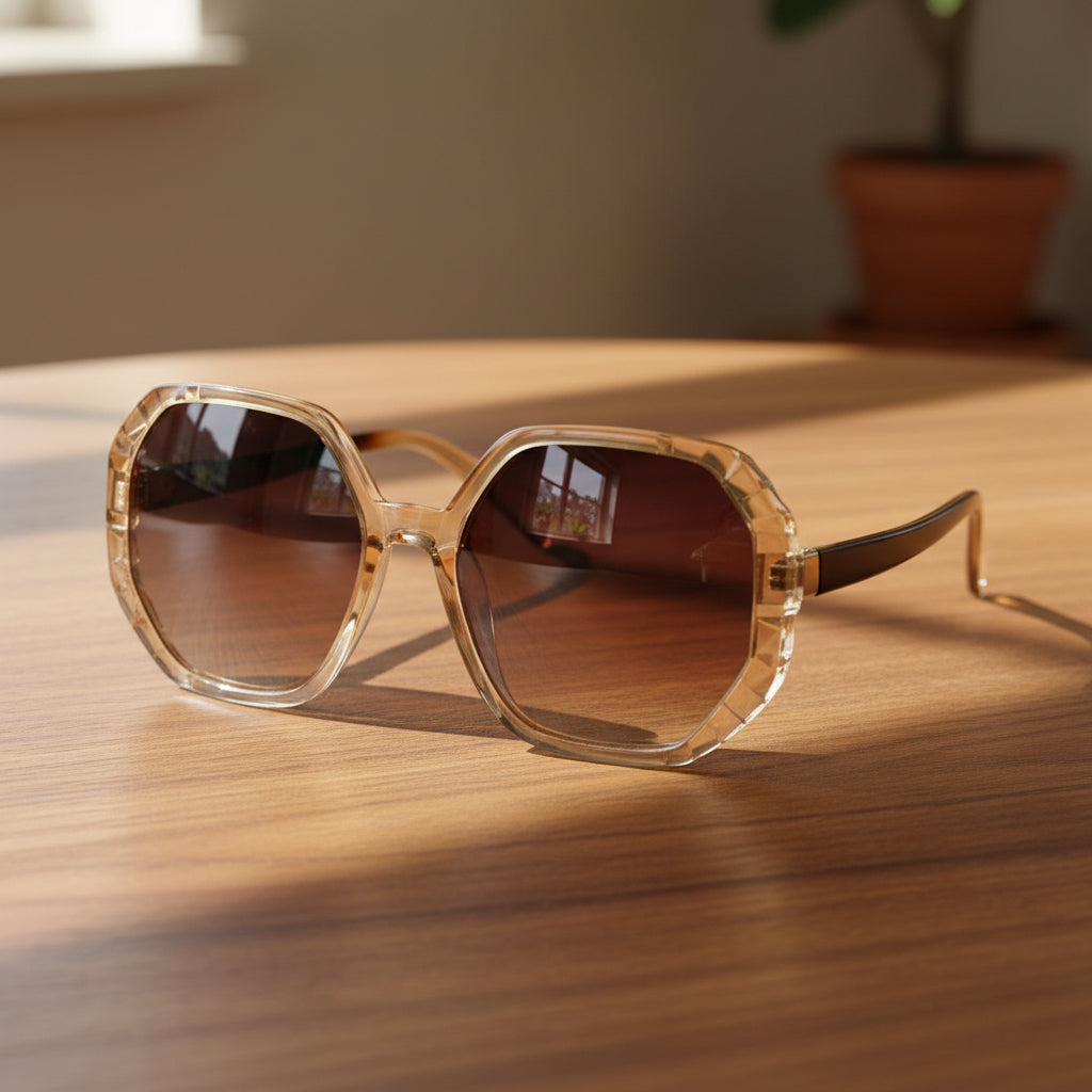 Gold-framed sunglasses with brown gradient lenses on a white background