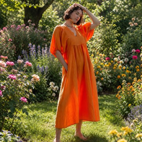 Livie Puff Sleeve Linen Dress - Orange