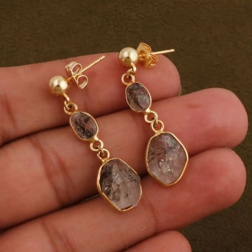Natural Herkimer Diamond Gold Plated Stud Earrings