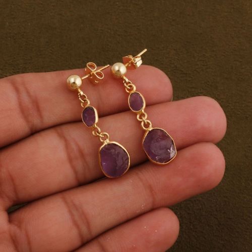Natural Purple Amethyst Gemstone Drop Dangle Earrings