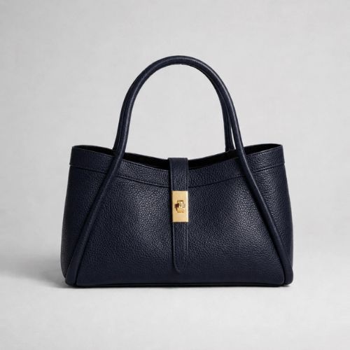Italian Genuine Leather Tote Bag with Detachable Inner Pouch - Navy