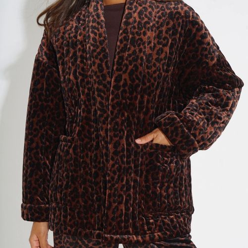 Velvet Leopard Print Kimono Jacket - Brown