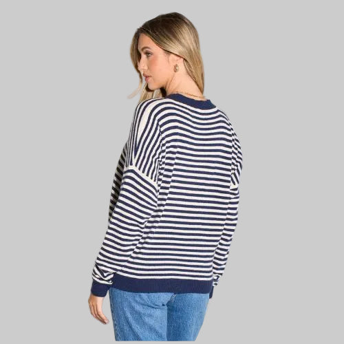 Striped Long Sleeve Italian Cashmere Wool Blend Jumper - Navy Blue/Cream