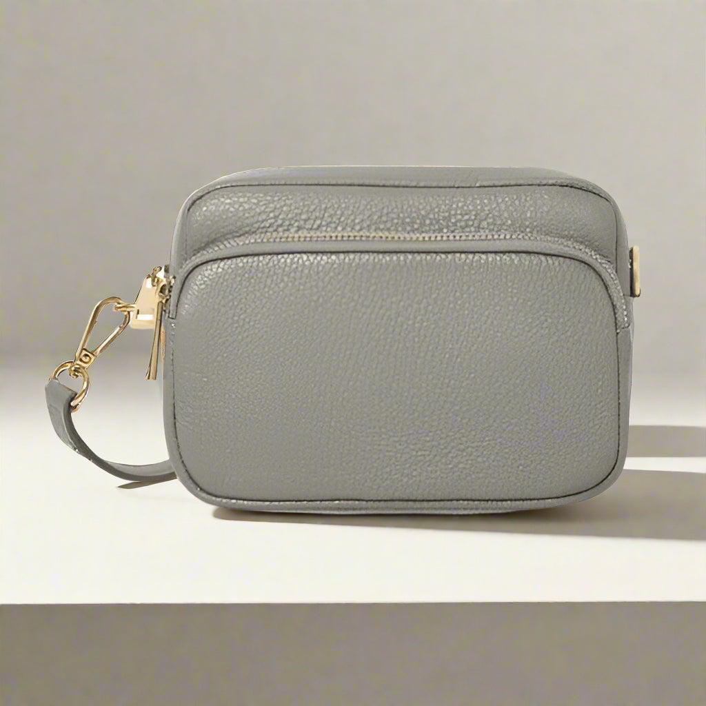 Italian Leather Mini Crossbody Camera Bag - Light Grey
