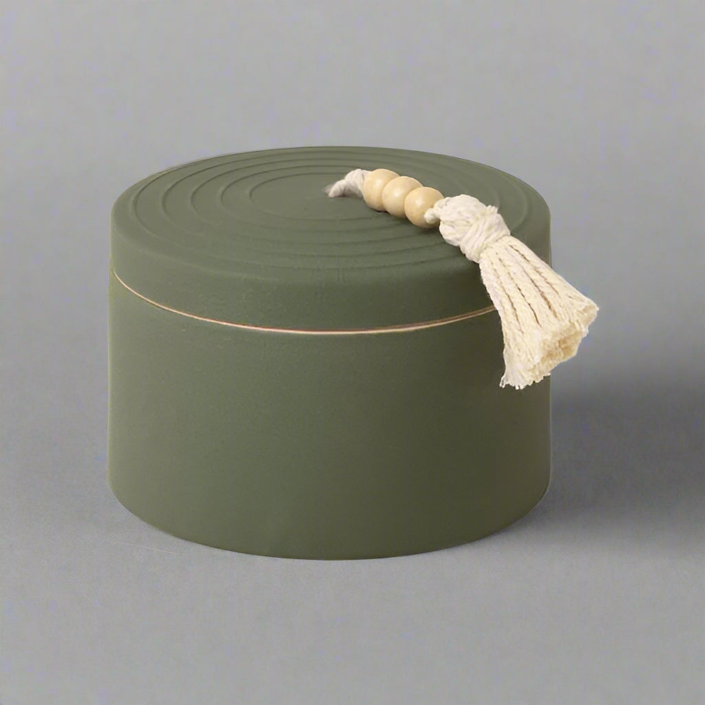 Cypress & Fir Ceramic Candle With Lid & Beaded Hang Tag - Dark Green
