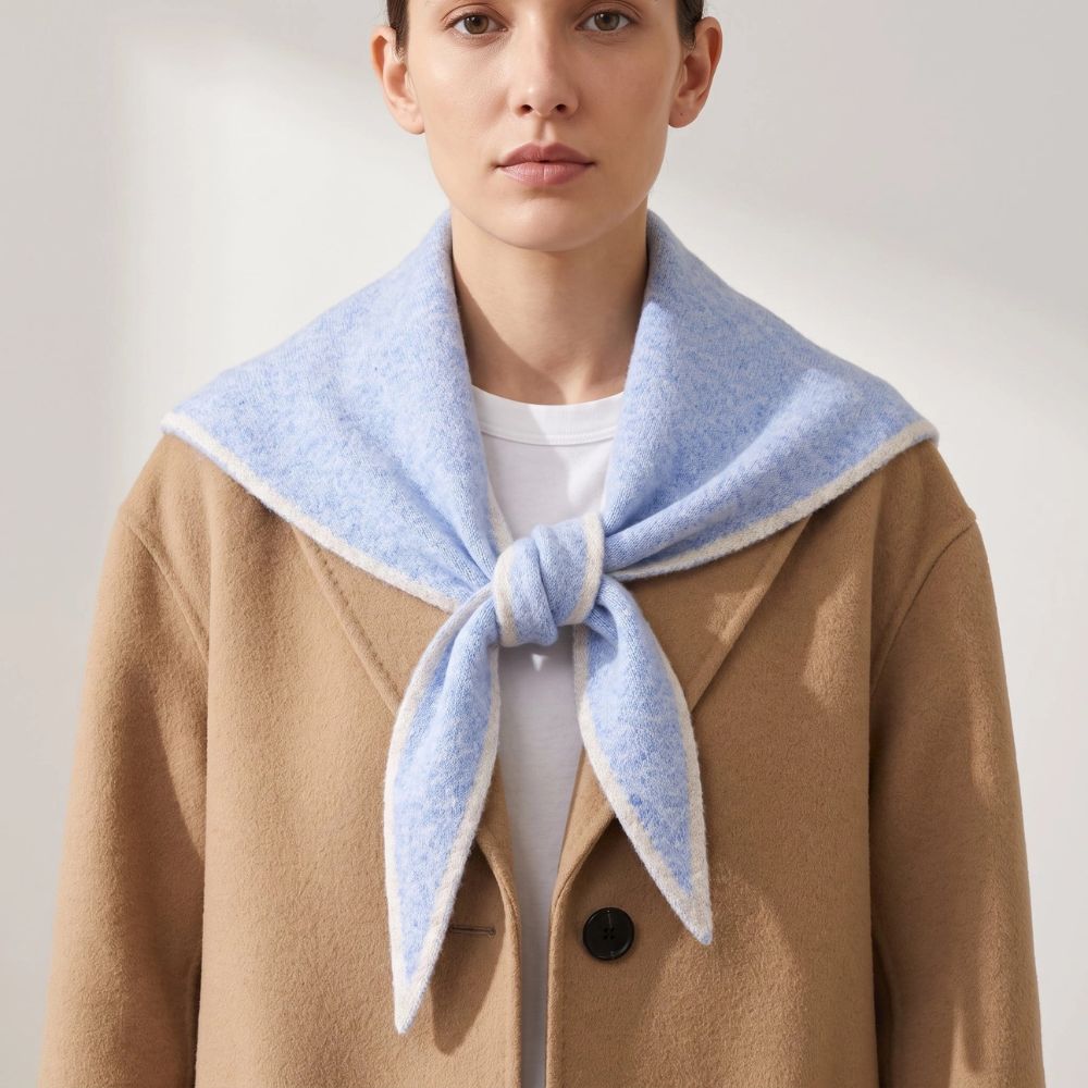 Contrast Trim Triangle Scarf - Light Blue/Cream