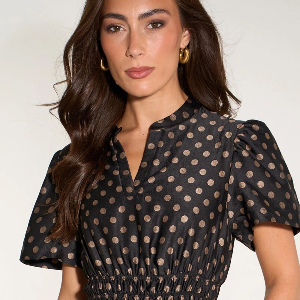Large Spot Collared Tiered Maxi Dress - Black/Gold