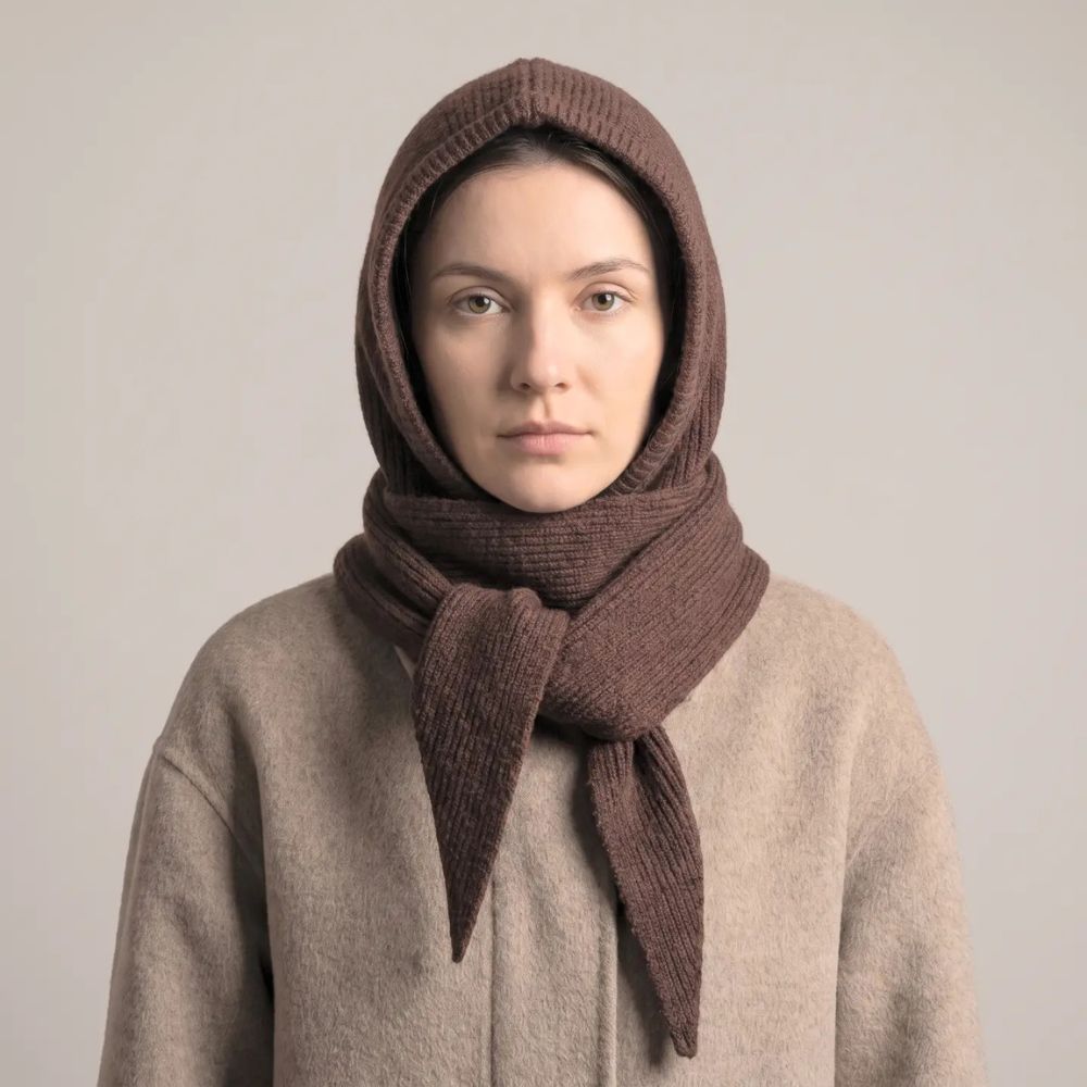 Plain Triangle Hooded Scarf - Brown