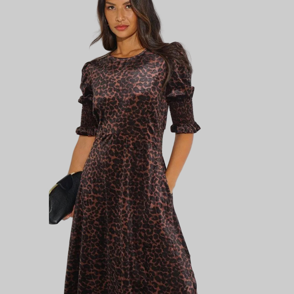 Velvet Leopard Print Tea Dress - Brown
