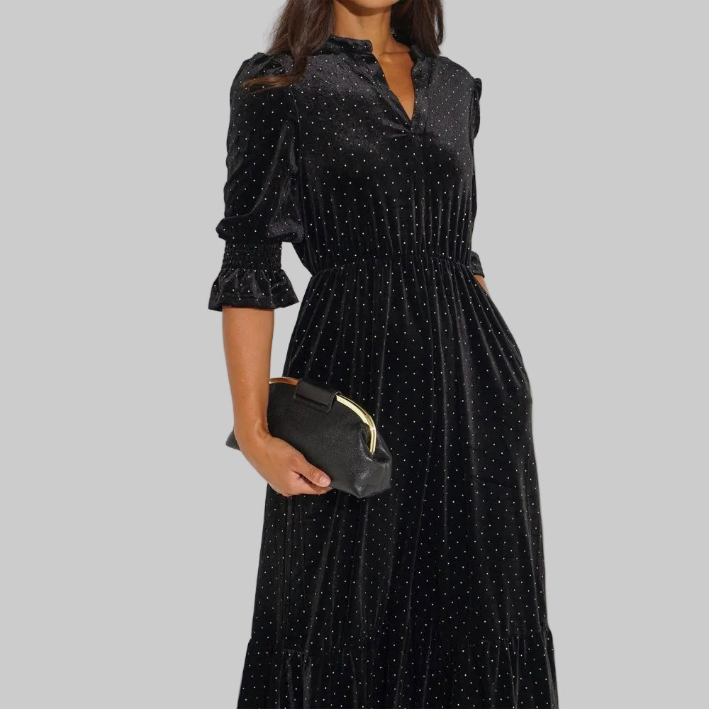 Velvet Polka Dot Pandora V-Neck Dress - Black