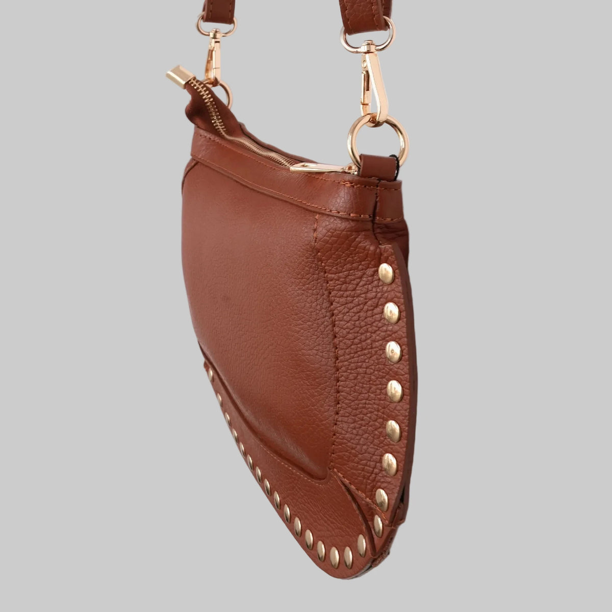 Studded Crossbody Bag Pebbled Italian Leather - Tan