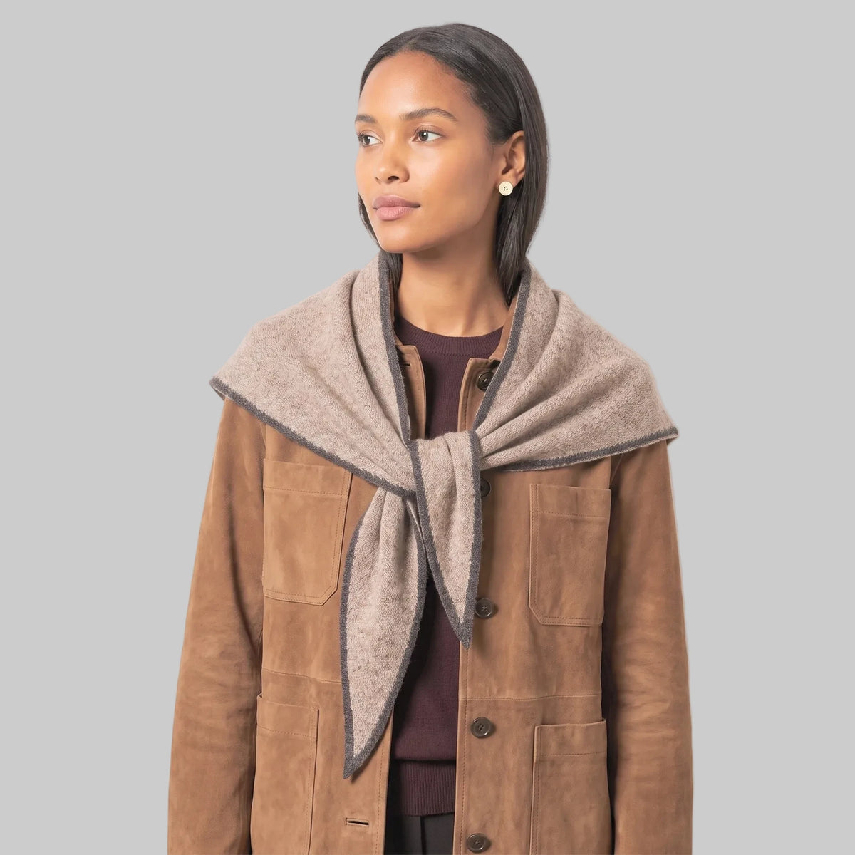 Contrast Trim Triangle Scarf - Beige/Brown