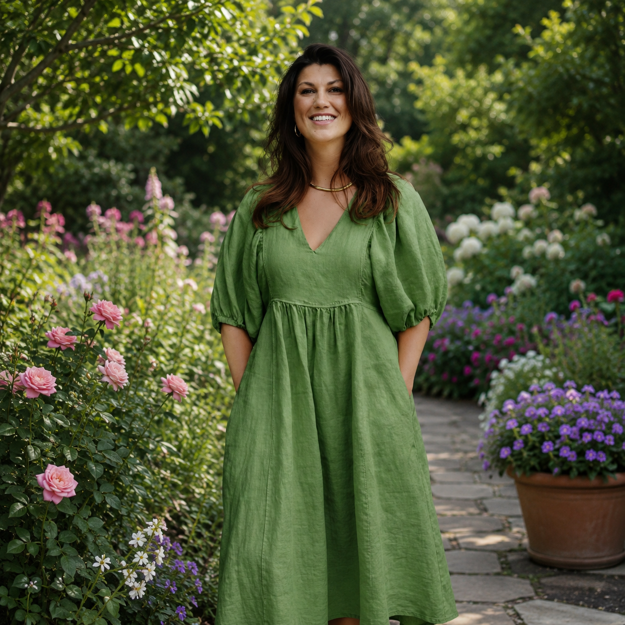 Livie Puff Sleeve Linen Dress - Apple Green