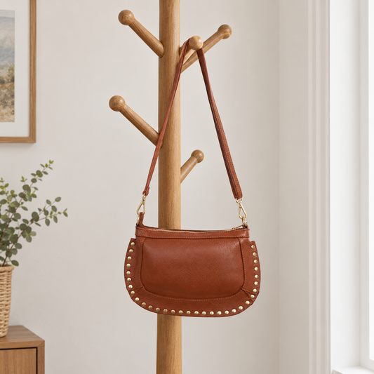 Studded Crossbody Bag Pebbled Italian Leather - Tan