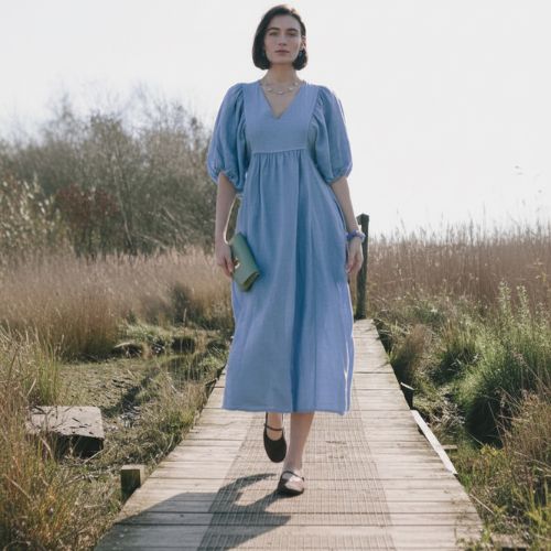 Livie Puff Sleeve Linen Dress - Cornflower Blue