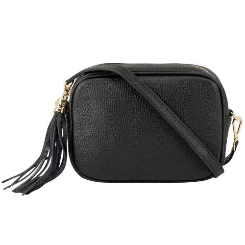 Italian Genuine Leather Crossbody Camera Bag with Tassel Zip - Black
