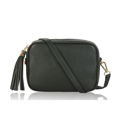 Italian Genuine Leather Crossbody Camera Bag with Tassel Zip Dark Green