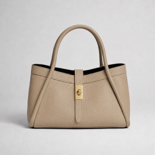 Italian Genuine Leather Tote Bag with Detachable Inner Pouch - Light Taupe