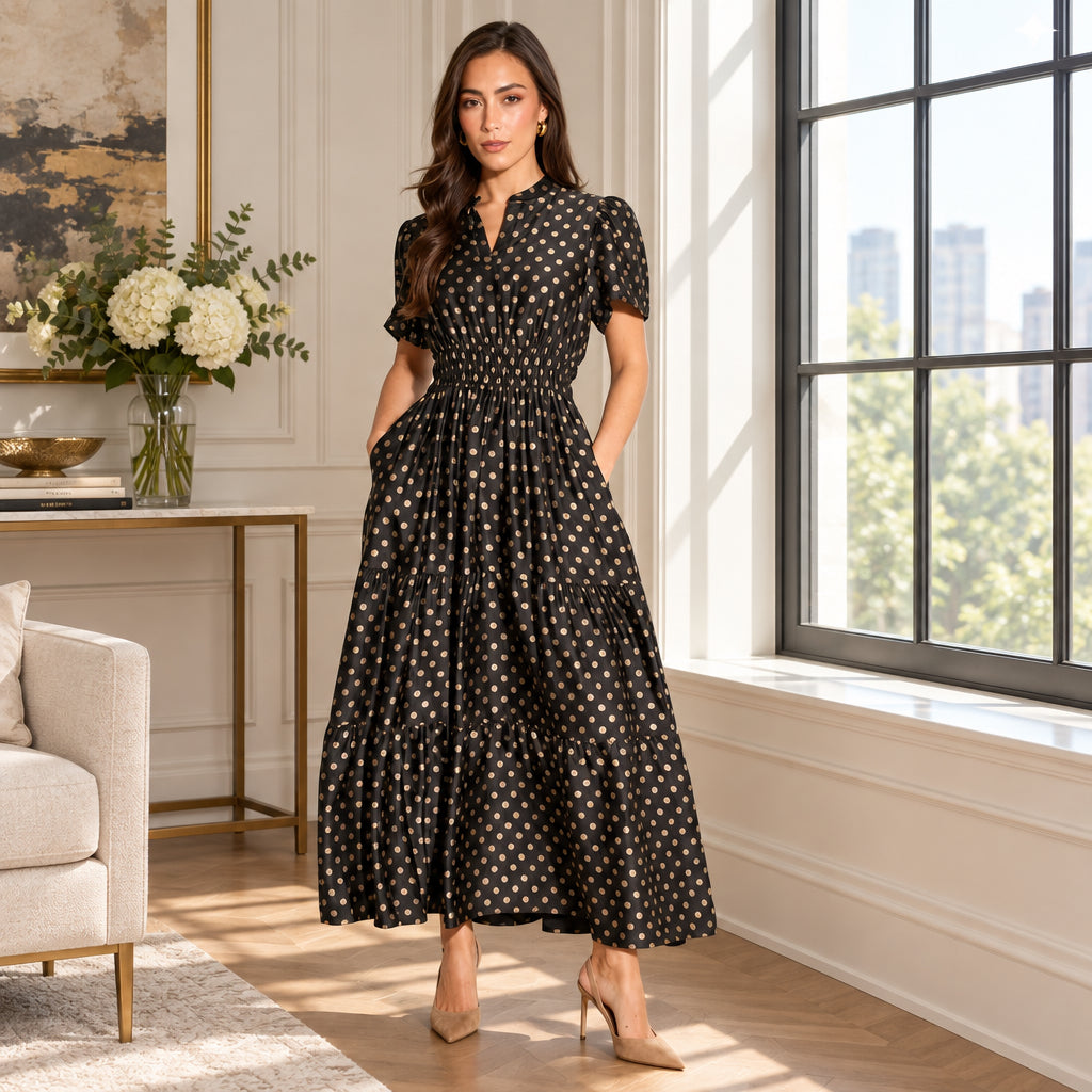 Large Spot Collared Tiered Maxi Dress - Black/Gold
