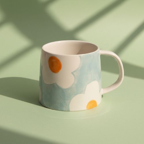 Light Blue/Orange Flower Large Ceramic Mug