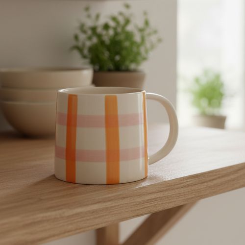 Orange/Pink Check Large Ceramic Mug