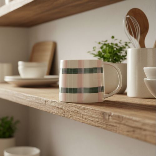 Pink/Green Check Large Ceramic Mug