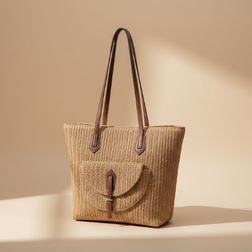 Woven Shoulder Bag With Front Pocket - Natural