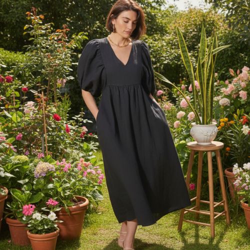 Livie Puff Sleeve Linen Dress - Navy