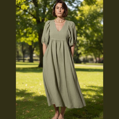 Livie Puff Sleeve Linen Dress - Sage