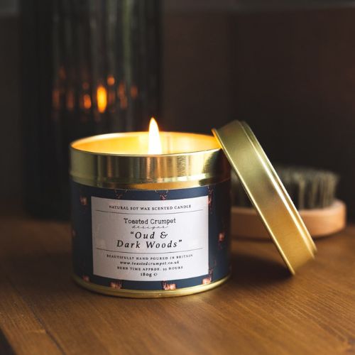 Dark Woods & Oud Candle in a Matt Gold Tin