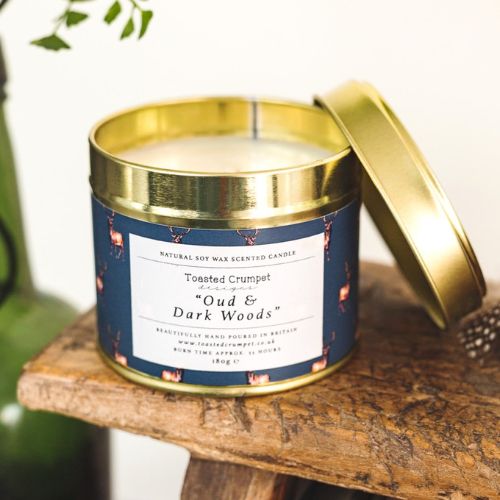 Dark Woods & Oud Candle in a Matt Gold Tin