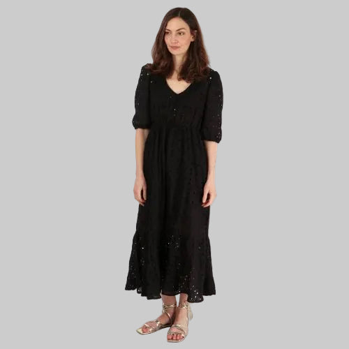 Broderie Anglaise V-Neck Tiered Cotton Dress - Black
