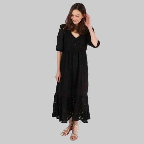 Broderie Anglaise V-Neck Tiered Cotton Dress - Black