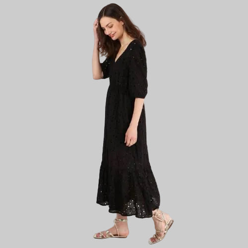 Broderie Anglaise V-Neck Tiered Cotton Dress - Black