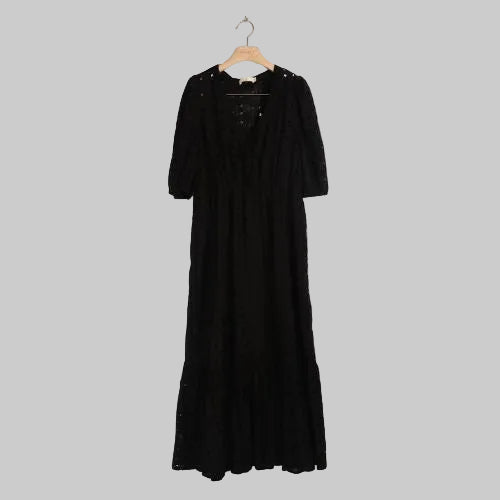Broderie Anglaise V-Neck Tiered Cotton Dress - Black