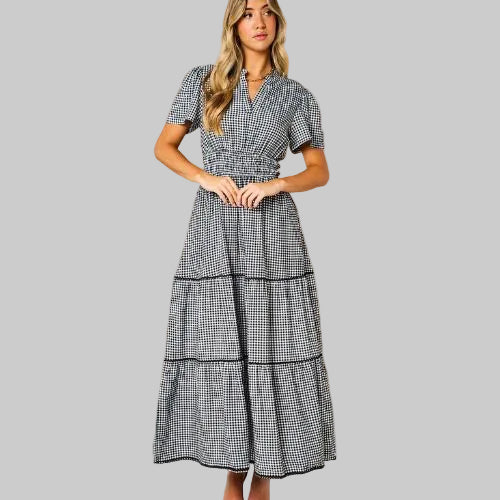Gingham Tiered Maxi Dress - Black