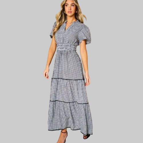 Gingham Tiered Maxi Dress - Black