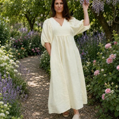 Livie Puff Sleeve Linen Dress - Yellow