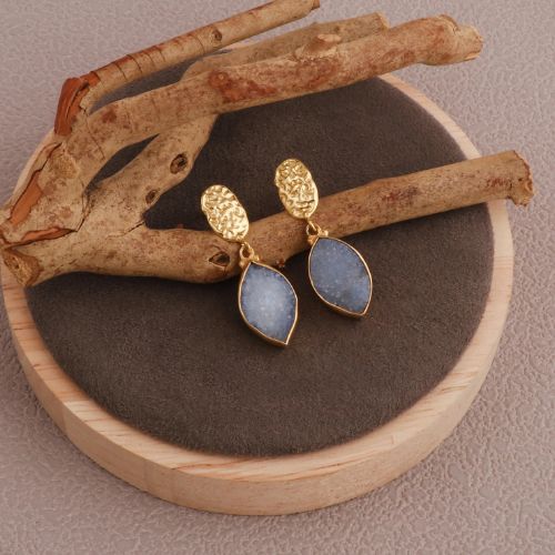 Light Blue Druzy Textured Stud Handmade Gold Plated Earring