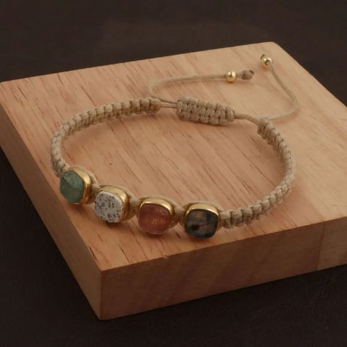 Handmade Multi Gemstone Macrame Bracelet with Gold Accents