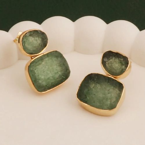 Handmade Raw Green Strawberry Quartz Birthstone Stud Earring