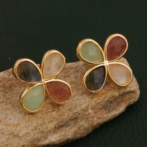 Multi Stone Teardrop Stud Gemstone Clover Handmade Earrings