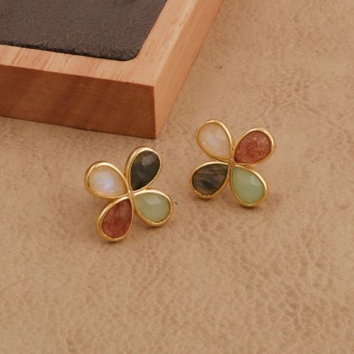 Multi Stone Teardrop Stud Gemstone Clover Handmade Earrings