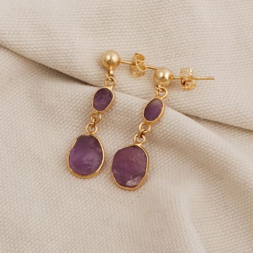 Natural Purple Amethyst Gemstone Drop Dangle Earrings
