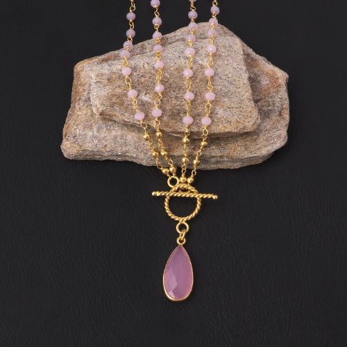 Pink Chalcedony Drop Pendant Gold Plated Beaded Necklace