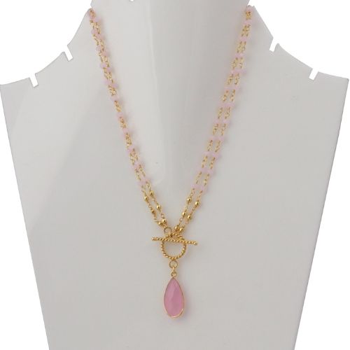 Pink Chalcedony Drop Pendant Gold Plated Beaded Necklace