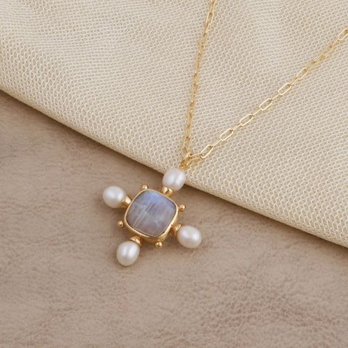 Rainbow Moonstone with Pearl Gold Plated Statement Necklace